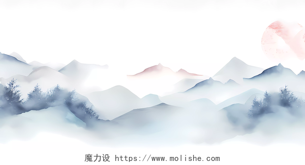 蓝色山水手绘水墨中式山脉大雁古风背景  